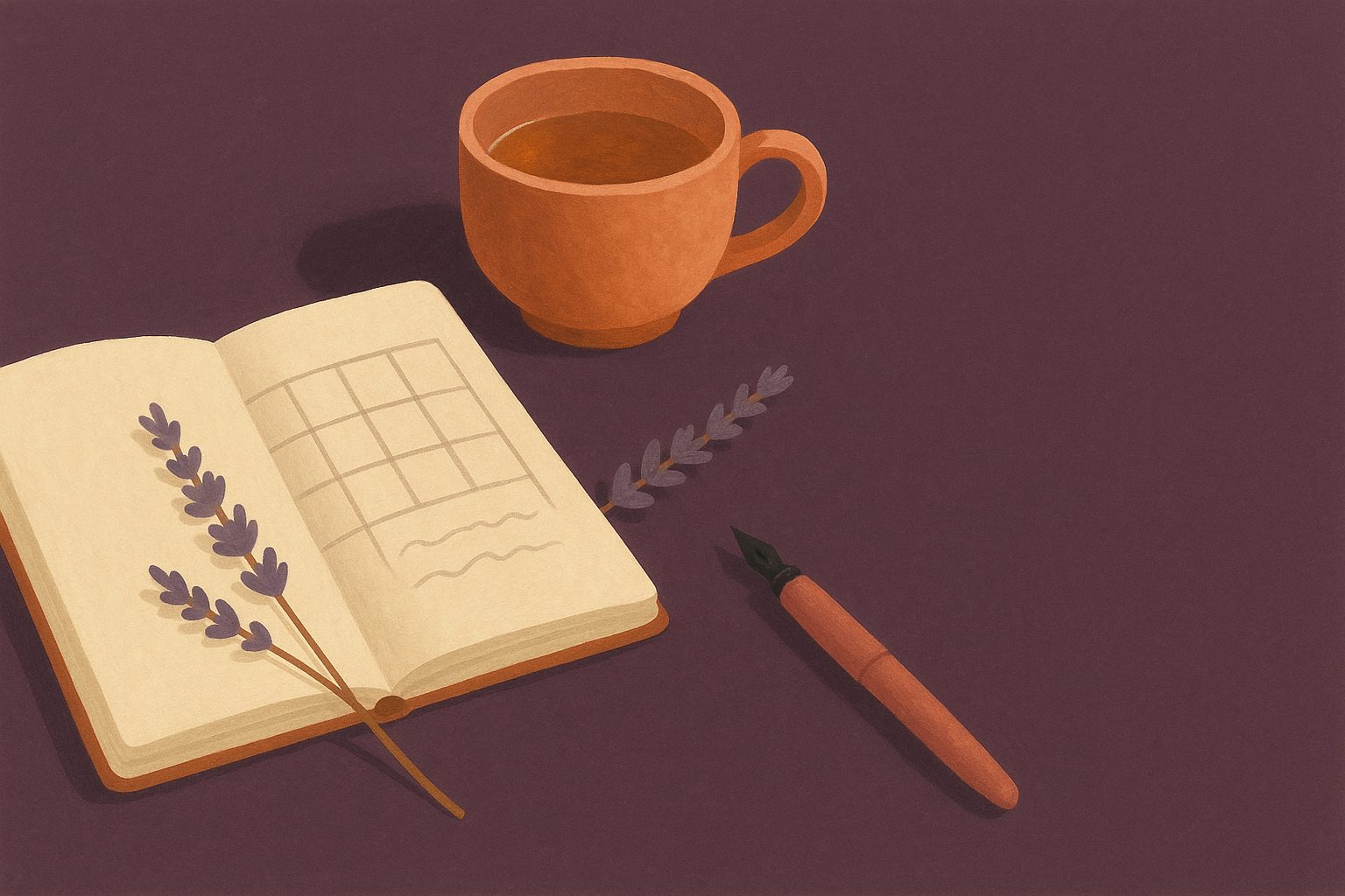 A notebook, dried lavender and a pen, illustrated